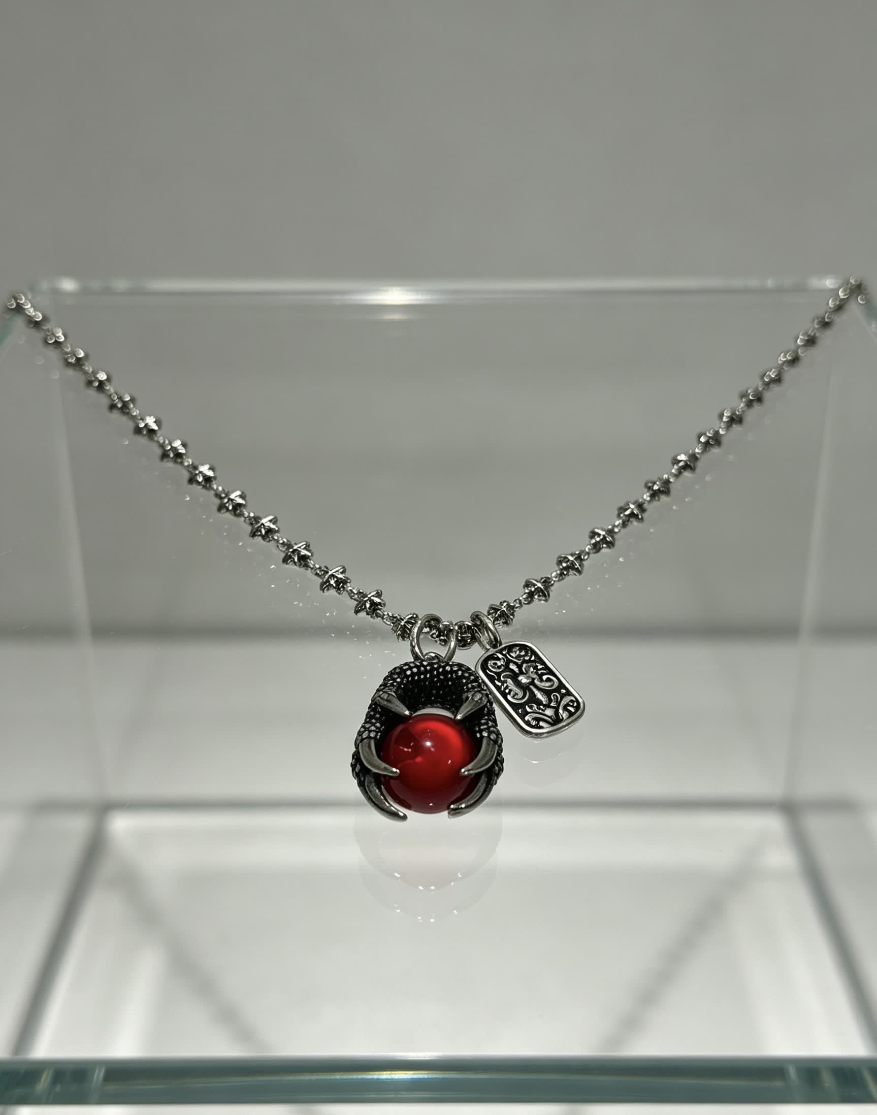 Chrome Hearts Silver Dragon Claw Red Crystal Necklace